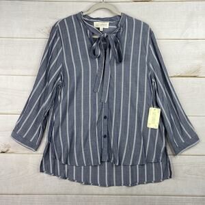 Sweet Wanderer Top XL Womens Blue Striped Button Up Tie Neck 3/4 Sleeve NWT